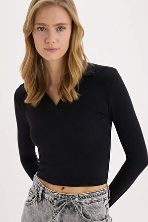 Fitted Polo Yaka Basic Düz Modal Uzun Kollu Tişört