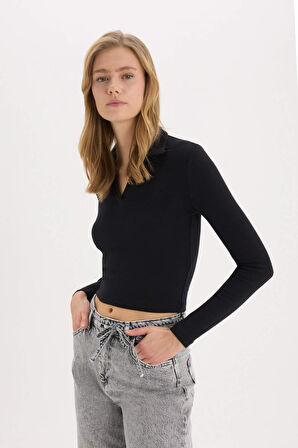 Fitted Polo Yaka Basic Düz Modal Uzun Kollu Tişört