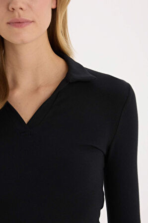 DeFacto Fitted Polo Yaka Basic Düz Modal Uzun Kollu Siyah Tişört E7938AX25SPBK81