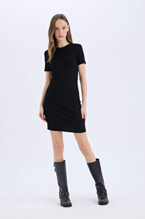 Coool Bodycon Vücudu Saran Bisiklet Yaka Fitilli Kaşkorse Kısa Kollu Mini Elbise