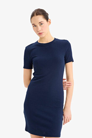 Coool Bodycon Vücudu Saran Bisiklet Yaka Fitilli Kaşkorse Kısa Kollu Mini Elbise