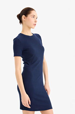 Coool Bodycon Vücudu Saran Bisiklet Yaka Fitilli Kaşkorse Kısa Kollu Mini Elbise