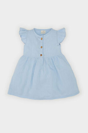 Kız Bebek Basic Düz Kısa Kollu Flamlı Poplin Elbise