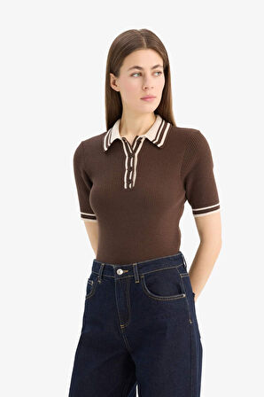 	Regular Fit Düğmeli Polo Yaka Kısa Kollu Triko Kazak