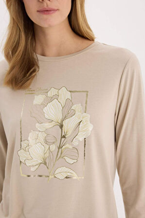 DeFacto Regular Fit Bisiklet Yaka Baskılı Uzun Kollu Tişört E6814AX25SPBG186