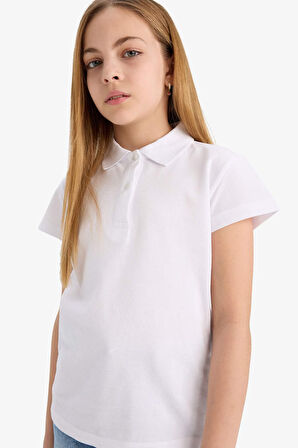 Kız Çocuk Regular Fit Polo Yaka Basic Düz Pamuklu Kısa Kollu Polo Tişört
