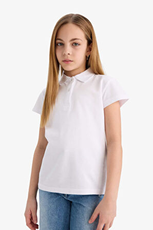 Kız Çocuk Regular Fit Polo Yaka Basic Düz Pamuklu Kısa Kollu Polo Tişört