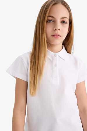 Kız Çocuk Regular Fit Polo Yaka Basic Düz Pamuklu Kısa Kollu Polo Tişört