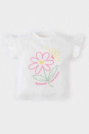 Kız Bebek Bisiklet Yaka Çiçekli Kısa Kollu Tişört