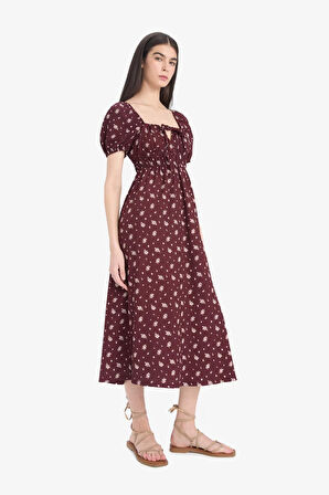 Kare Yaka Floral Bürümcük Kısa Kollu Midi Elbise