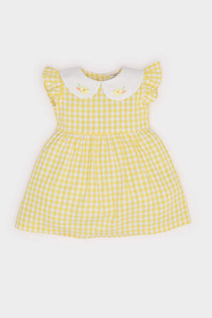 Kız Bebek Bebe Yaka Kareli Kısa Kollu Poplin Elbise