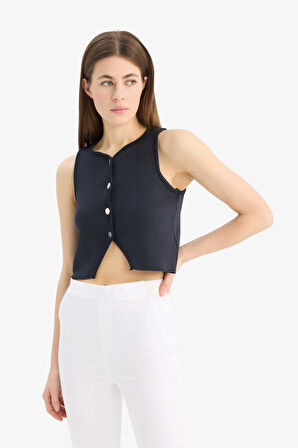 DeFacto Regular Fit Bisiklet Yaka Düğmeli Siyah Triko Yelek E0990AX25SMNV42