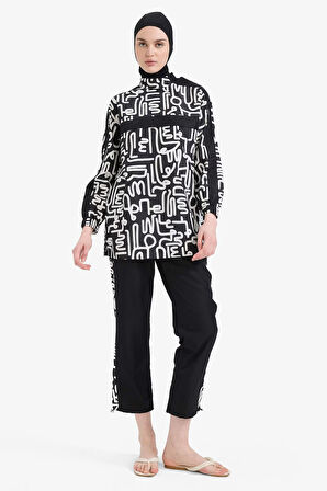 Regular Fit Renk Bloklu 3'lü Desenli Burkini Tesettür Mayo Takım
