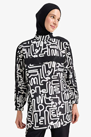 Regular Fit Su İtici 3'lü Desenli Burkini Tesettür Mayo Takım