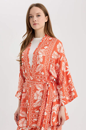 Relax Fit Desenli Kuşaklı Kimono