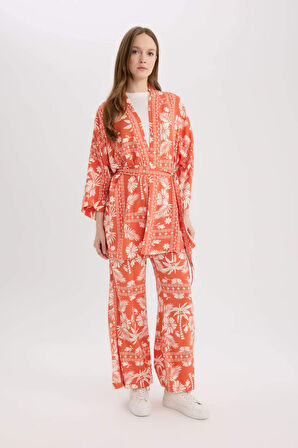 Relax Fit Desenli Kuşaklı Kimono