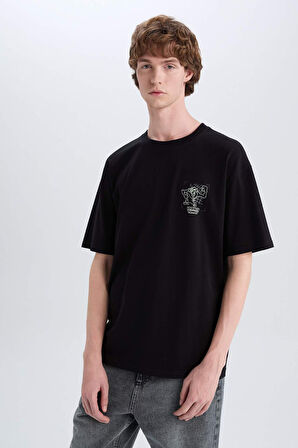 DeFacto %100 Pamuk Looney Tunes Boxy Fit Bisiklet Yaka Sırt Baskılı Kısa Kollu Tişört D6773AX25SPBK81