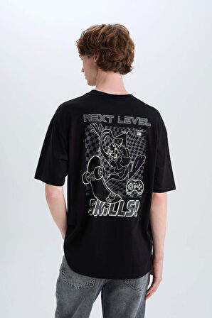 DeFacto %100 Pamuk Looney Tunes Boxy Fit Bisiklet Yaka Sırt Baskılı Kısa Kollu Tişört D6773AX25SPBK81