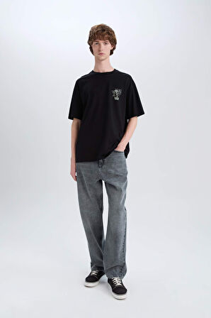 DeFacto %100 Pamuk Looney Tunes Boxy Fit Bisiklet Yaka Sırt Baskılı Kısa Kollu Tişört D6773AX25SPBK81