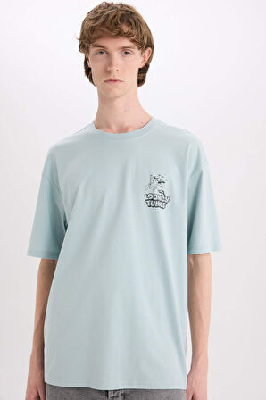 DeFacto %100 Pamuk Looney Tunes Boxy Fit Bisiklet Yaka Sırt Baskılı Kısa Kollu Tişört D6774AX25SPBE505