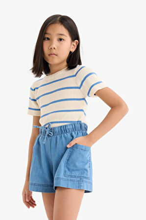 Kız Çocuk Cropped Fit Bisiklet Yaka Çizgili Kısa Kollu Kazak