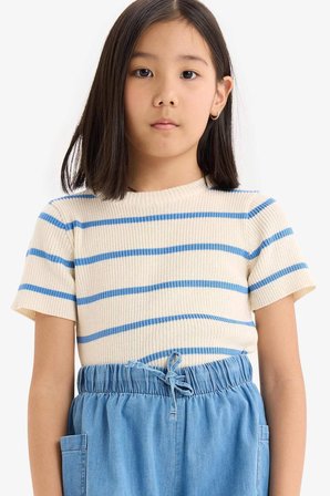 DeFacto Cropped Fit Bisiklet Yaka Çizgili Kısa Kollu Triko Kazak Kız Çocuk E4293A825SMWT34