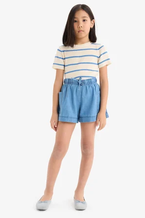 DeFacto Cropped Fit Bisiklet Yaka Çizgili Kısa Kollu Triko Kazak Kız Çocuk E4293A825SMWT34