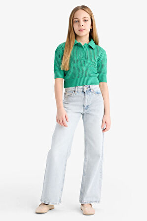 Kız Çocuk Cropped Fit Polo Yaka Kazak