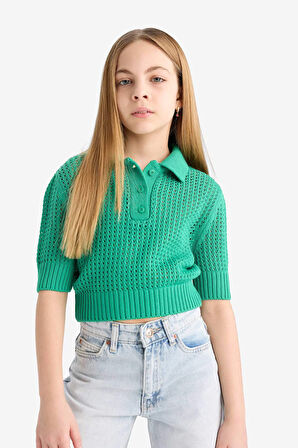 Kız Çocuk Cropped Fit Polo Yaka Kazak