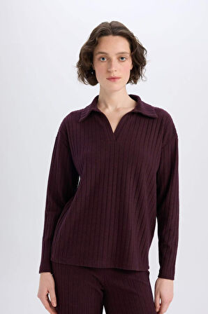 DeFacto 	Relax Fit Polo Yaka Basic Düzl Fitilli Kaşkorse Uzun Kollu Tişört B2404AX25SPBR115
