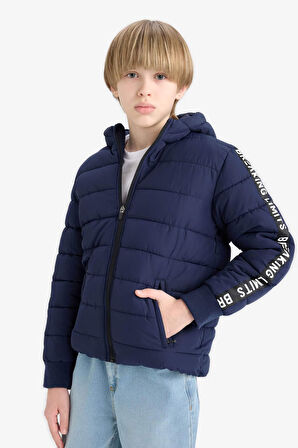 Erkek Çocuk Su İtici Kapüşonlu Polar Astarlı Fermuarlı Şişme Mont
