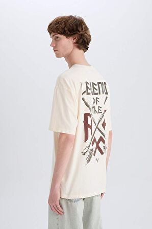 DeFacto %100 Pamuk Vikings Valhalla Boxy Fit Bisiklet Yaka Sırt Baskılı Kısa Kollu Tişört E3278AX25SMER83