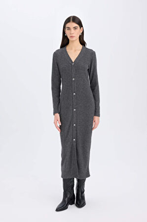 DeFacto Bodycon Vücudu Saran Basic Düz V Yaka Düğmeli Fitilli Kaşkorse Midi Uzun Kollu Elbise B3261AX24WNAR208