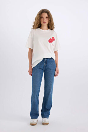 DeFacto SmileyWorld Oversize Geniş Kalıp Bisiklet Yaka Sırt Baskılı Kısa Kollu Tişört D9138AX25SMWT32