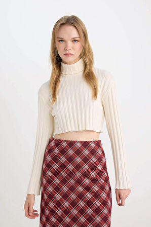 DeFacto Coool Balıkçı Yaka Crop Top Basic Düz Fitilli Kaşkorse Uzun Kollu Tişört E1673AX24WNER238