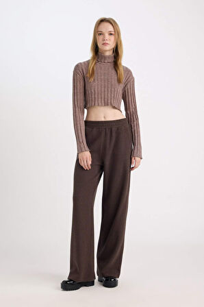DeFacto Coool Balıkçı Yaka Crop Top Basic Düz Fitilli Kaşkorse Uzun Kollu Tişört E1673AX24WNBG583