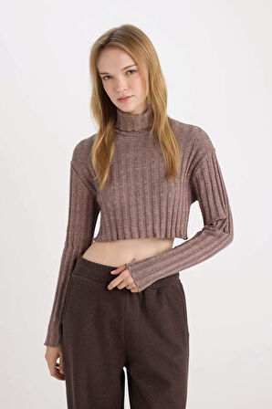 DeFacto Coool Balıkçı Yaka Crop Top Basic Düz Fitilli Kaşkorse Uzun Kollu Tişört E1673AX24WNBG583