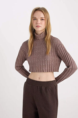 DeFacto Coool Balıkçı Yaka Crop Top Basic Düz Fitilli Kaşkorse Uzun Kollu Tişört E1673AX24WNBG583