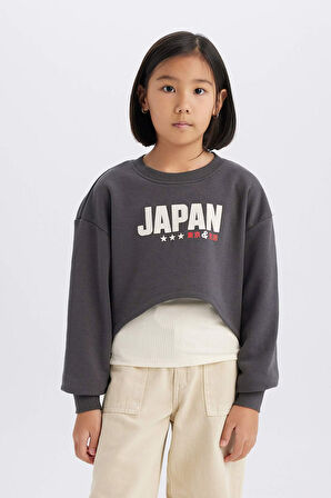 DeFacto Kız Çocuk 2'li Takım Crop Bisiklet Yaka Baskılı Sweatshirt Atlet D8820A825SPAR104