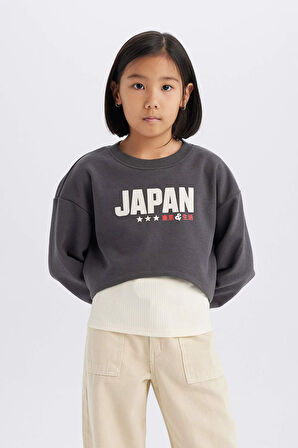 DeFacto Kız Çocuk 2'li Takım Crop Bisiklet Yaka Baskılı Sweatshirt Atlet D8820A825SPAR104