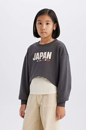 DeFacto Kız Çocuk 2'li Takım Crop Bisiklet Yaka Baskılı Sweatshirt Atlet D8820A825SPAR104