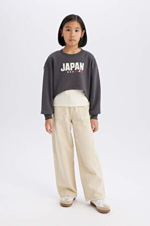 DeFacto Kız Çocuk 2'li Takım Crop Bisiklet Yaka Baskılı Sweatshirt Atlet D8820A825SPAR104