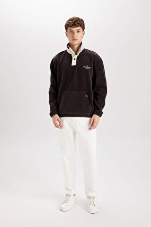 DeFacto Boxy Fit Çıtçıt Kapamalı Dik Yaka Nakışlı Polar Sweatshirt D2029AX24WNBN337