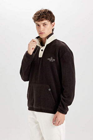 DeFacto Boxy Fit Çıtçıt Kapamalı Dik Yaka Nakışlı Polar Sweatshirt D2029AX24WNBN337