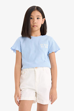 Kız Çocuk Slim Fit Dar Kesim Bisiklet Yaka Baskılı Fitilli Kaşkorse Kısa Kollu Tişört