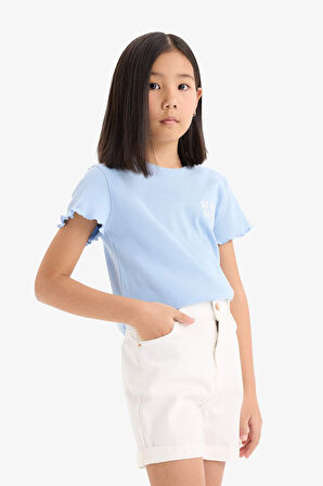 Kız Çocuk Slim Fit Dar Kesim Bisiklet Yaka Baskılı Fitilli Kaşkorse Kısa Kollu Tişört