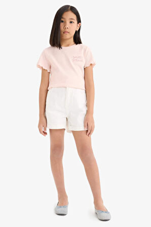 Kız Çocuk Slim Fit Dar Kesim Bisiklet Yaka Baskılı Fitilli Kaşkorse Kısa Kollu Tişört