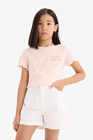 Kız Çocuk Slim Fit Dar Kesim Bisiklet Yaka Baskılı Fitilli Kaşkorse Kısa Kollu Tişört
