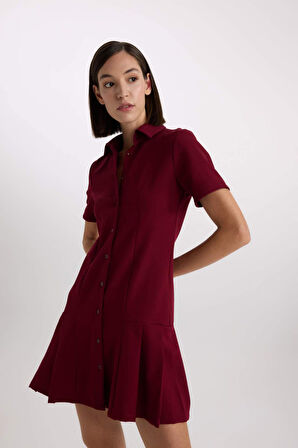 DeFacto Polo Yaka Basic Düz Kısa Kollu Pileli Mini Elbise D4203AX24AUBR118