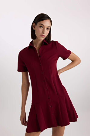 DeFacto Polo Yaka Basic Düz Kısa Kollu Pileli Mini Elbise D4203AX24AUBR118